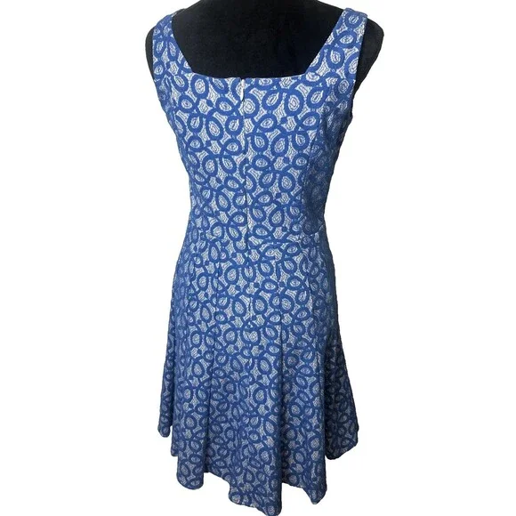 Nine West Women's Size 4 Blue White Lace Fit & Flare V-Neck Dress - Picture 4 of 7